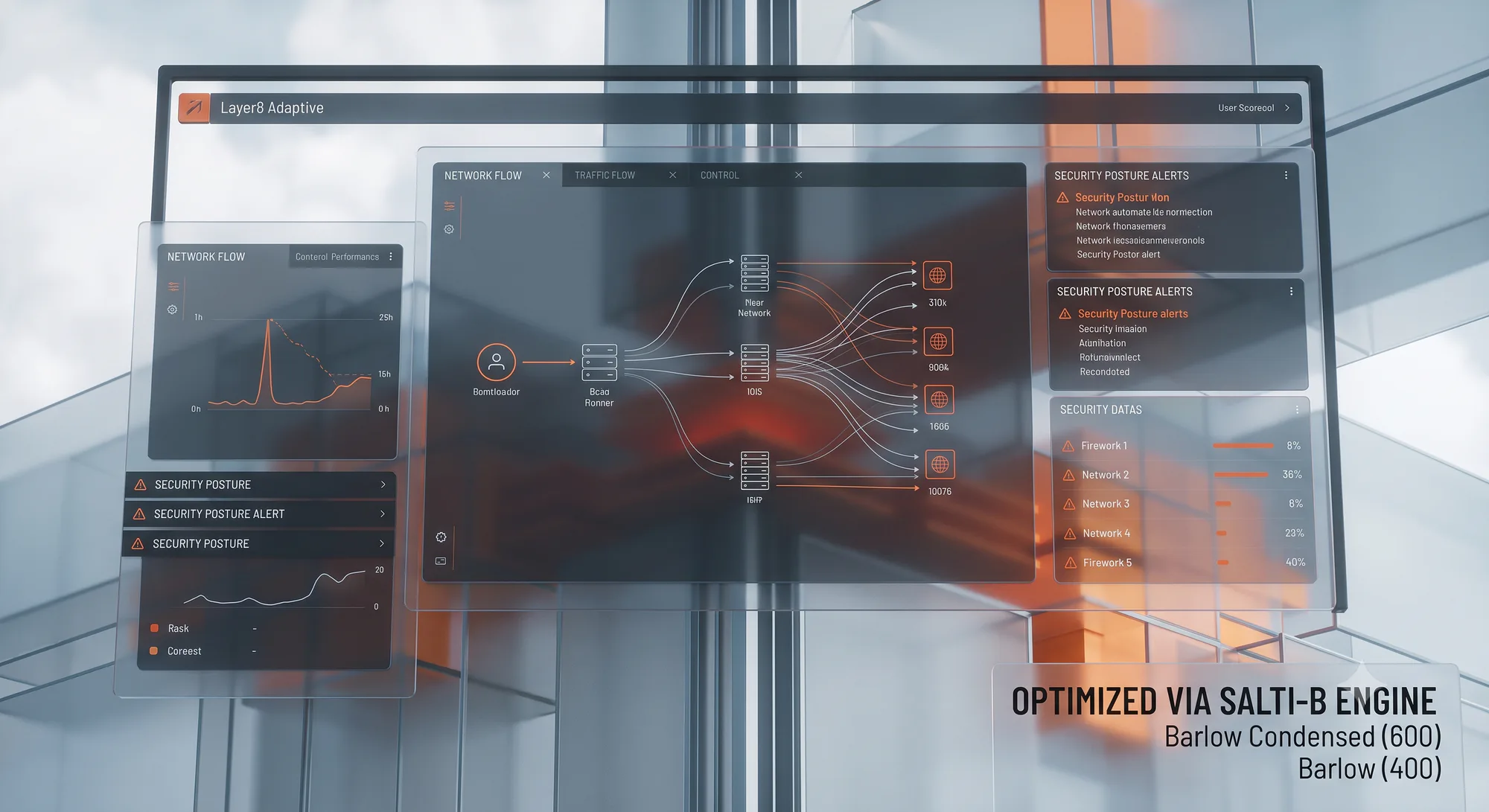 Concept visualization of the Layer8 Adaptive control plane showing routed network flows and security posture panels.