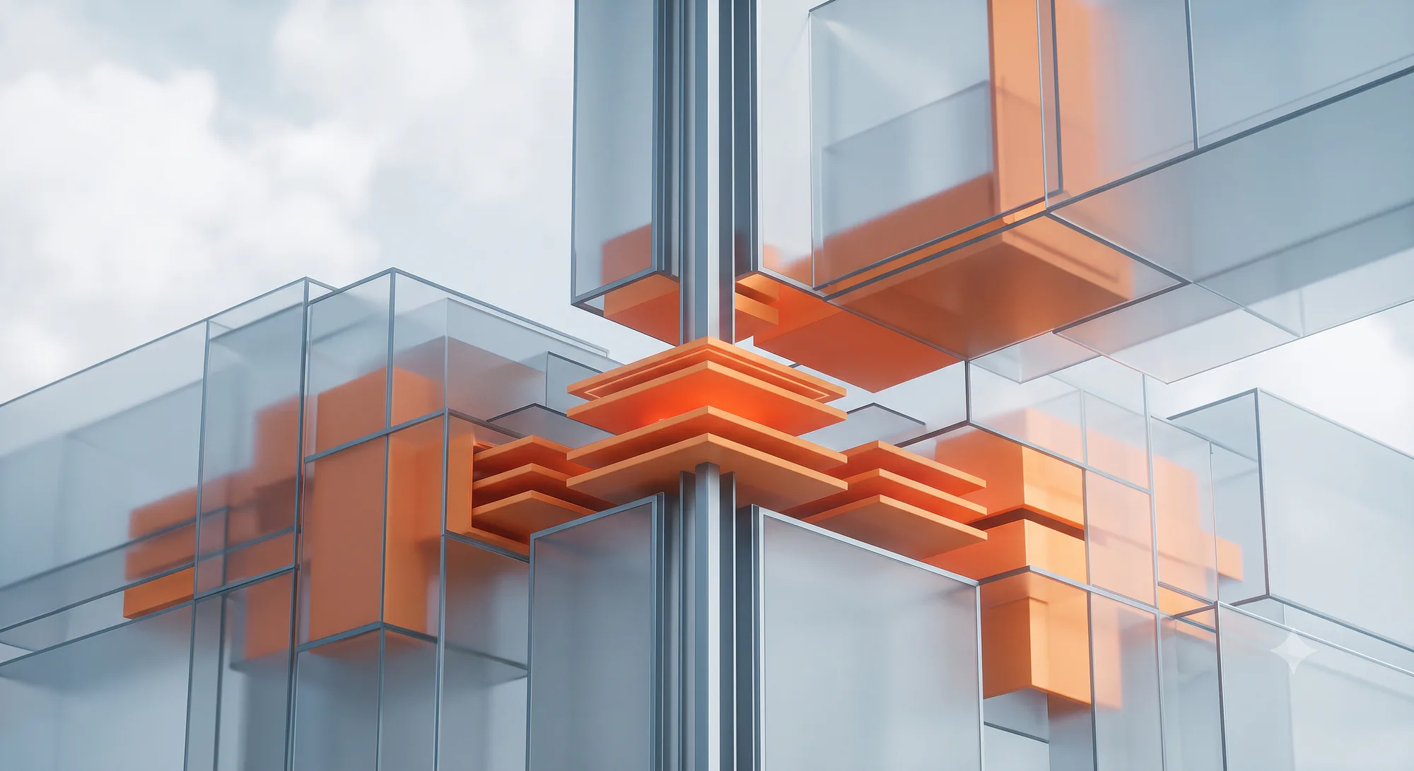 Abstract acrylic architecture in SALTI8 terracotta and slate, representing governed layers of AI execution.