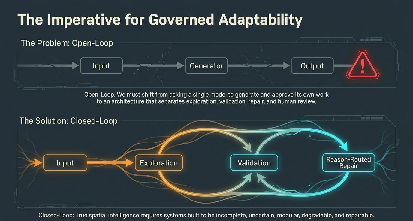 Diagram contrasting an open-loop pipeline that ends in a failure state with a closed-loop architecture where exploration, validation, and reason-routed repair feed back into each other.